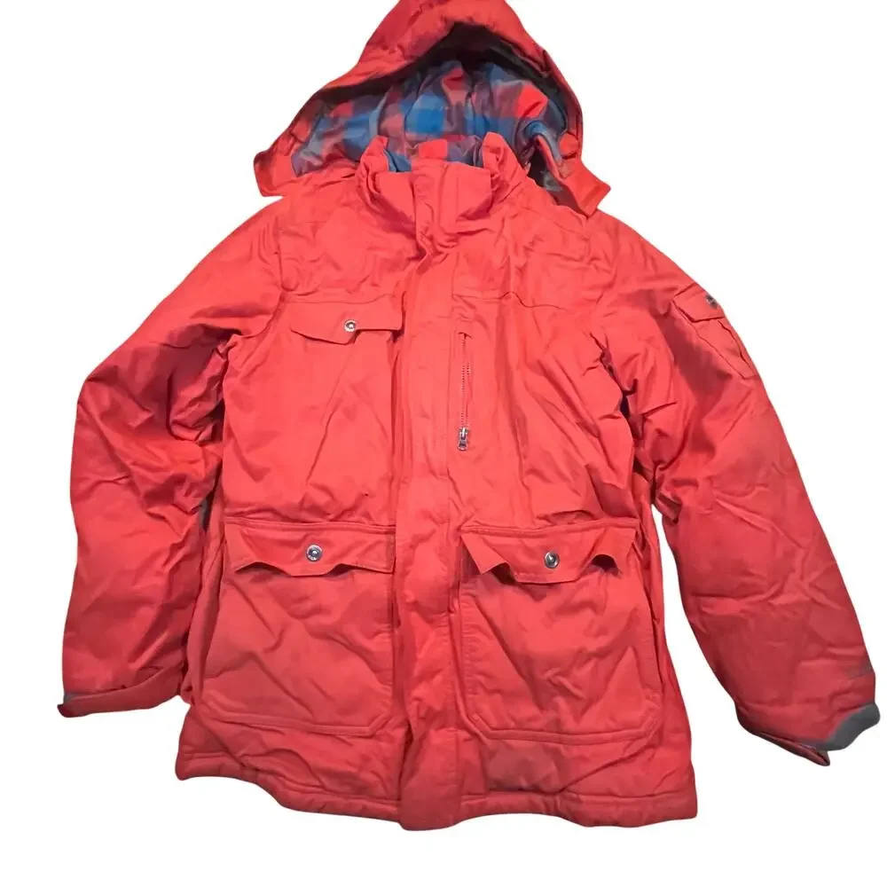 L.L. Bean Boys Hooded Winter Parka Red Orange Plaid Lined‎ Jacket Size L 14-16
